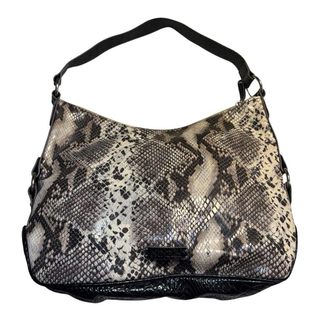 Nine & Co. Hobo Bag Black Cream Snakeskin Faux Leather Textured Silver-Tone